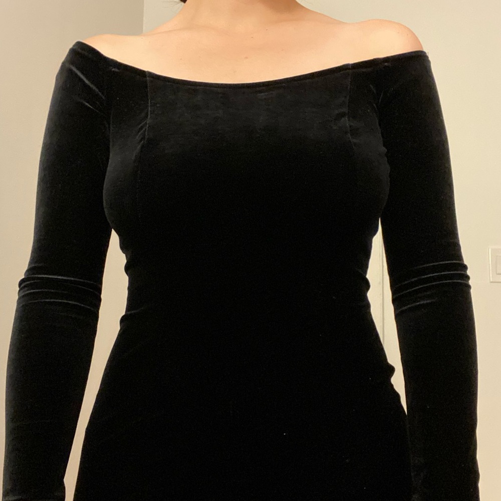 Vintage black velvet off the shoulder dress.